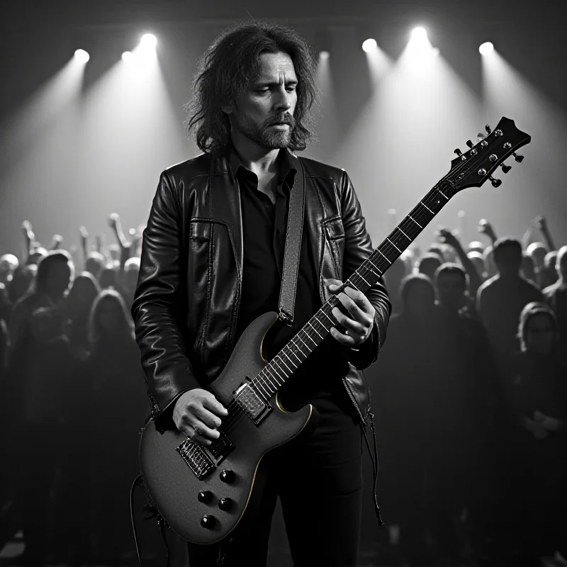 A black and white photograph of a punk rock musician playing guitar on stage, with a blurred crowd in the background.