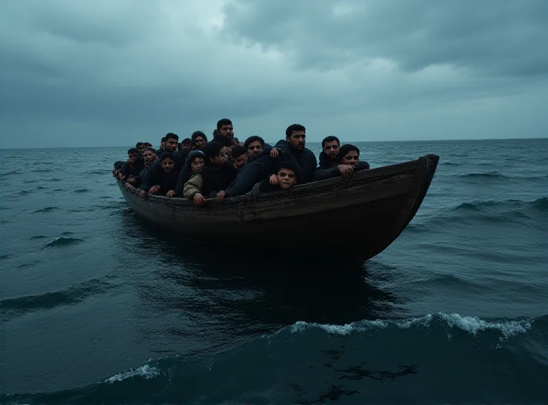 Distressed migrants on a small, overcrowded boat, with a stormy sea in the background. Focus on the faces of the migrants, expressing fear and desperation.