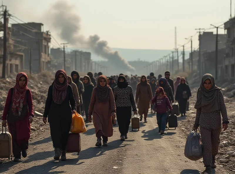 A long line of refugees, mostly women and children, walking along a road with suitcases and bags. In the background, damaged buildings and smoke can be seen.