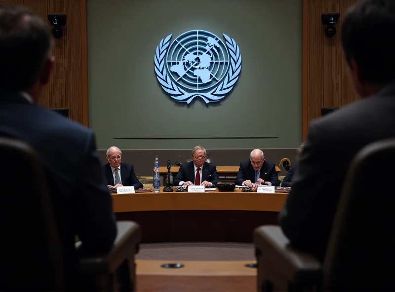 A high-level meeting at the United Nations headquarters, with delegates from various countries sitting around a table, engaged in serious discussion. The UN logo is prominently displayed in the background.