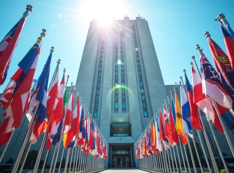 Image of the United Nations building in New York City, with a Nicaraguan flag superimposed lightly over the scene.