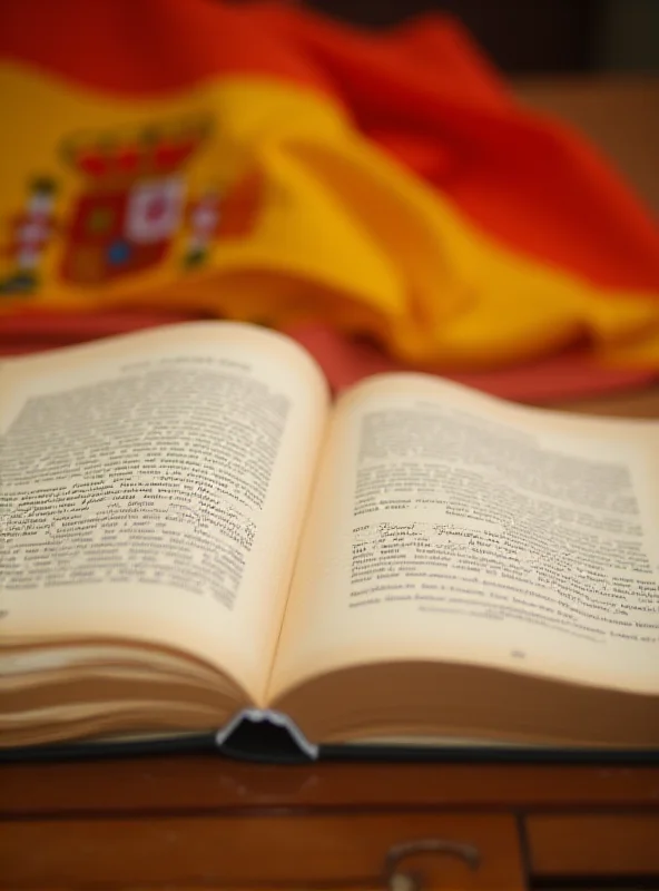 Image of the Spanish Constitution book, open to a page with text about fundamental rights, with the Spanish flag in the background.