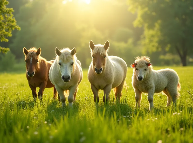 Image of a farm in Tarragona with ponies and sheep grazing peacefully, but with a subtle sense of unease