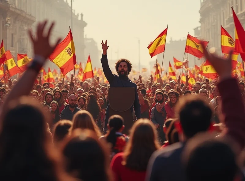 Image of a political rally in Valencia, with Mazón speaking at a podium and a mix of supportive and dissenting faces in the crowd