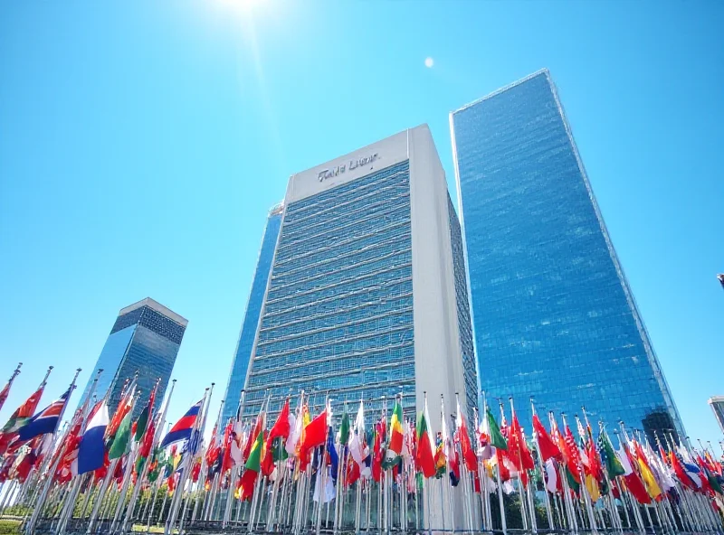 Image depicting the UN headquarters building in New York City, with flags of member nations waving in the foreground.