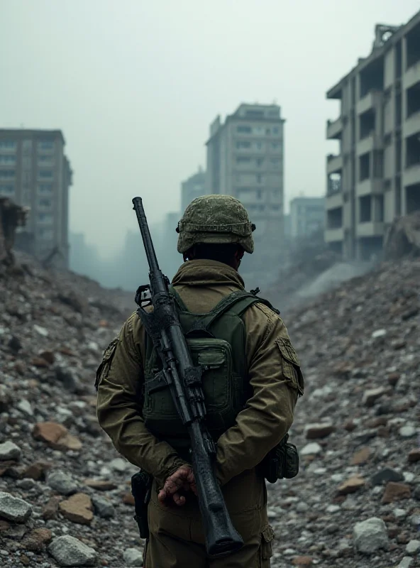 Image of a Ukrainian soldier in a war-torn city