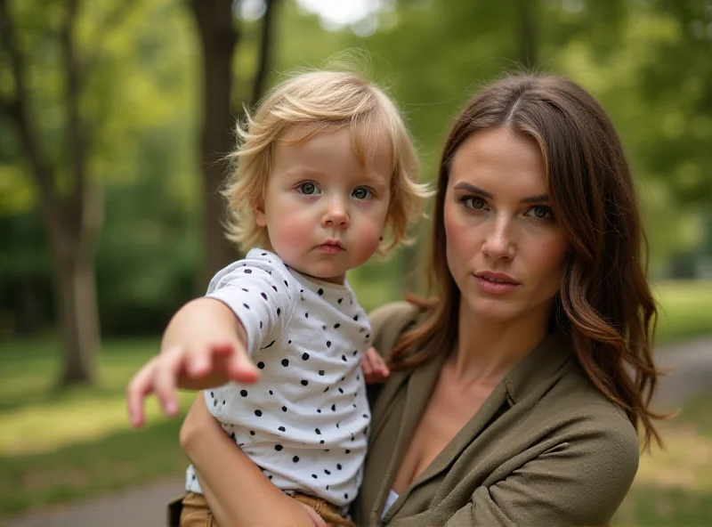 A young mother looking slightly exasperated while holding her toddler. The background is a park setting.