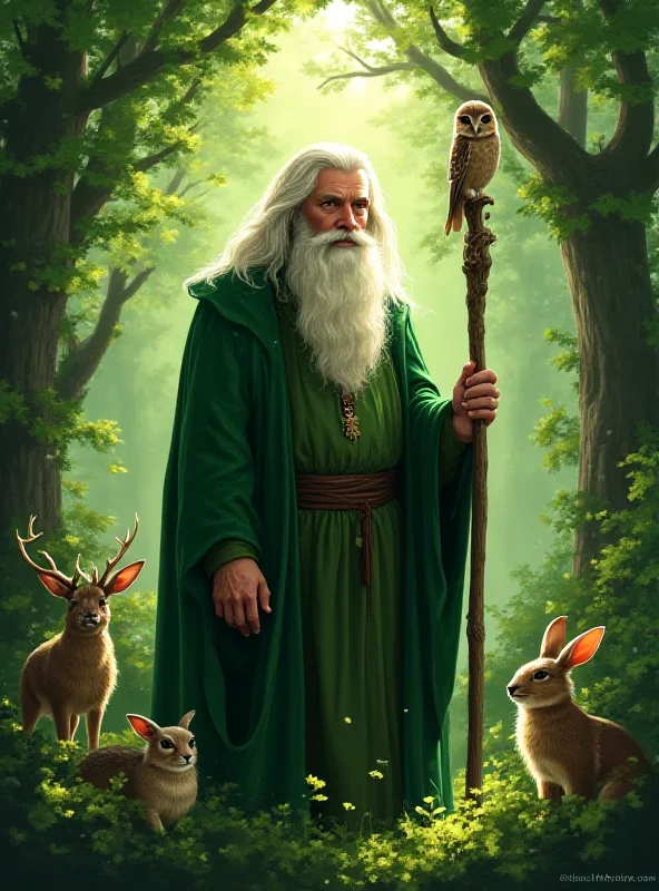 An artistic depiction of Merlin standing in a forest, surrounded by animals and trees. He has a long beard and is wearing robes.