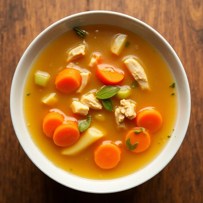 A close-up shot of a bowl of chicken and vegetable soup, with visible chunks of vegetables and chicken. Steam is rising from the soup.