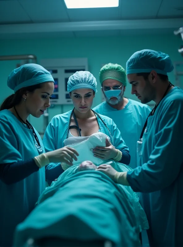 A dramatic scene from a medical drama, showing doctors and nurses rushing to save a patient in an operating room.