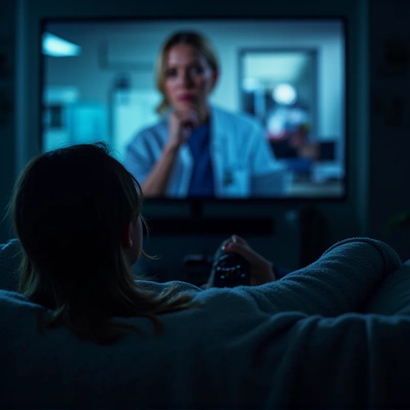 A person relaxing on a couch, illuminated by the light of a television screen displaying a medical drama, holding a remote control.