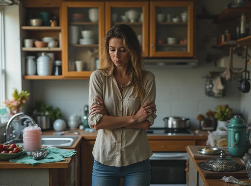 A woman looking stressed while doing chores.