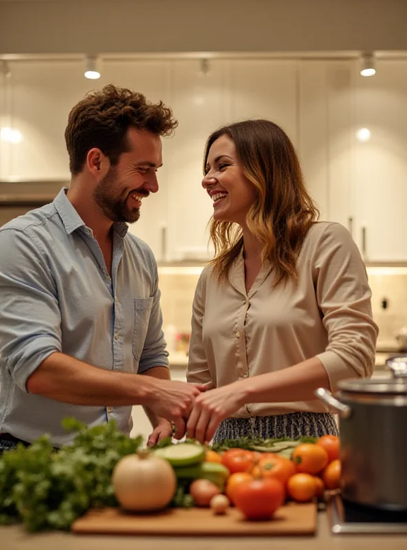 A couple laughing together in their kitchen while cooking.