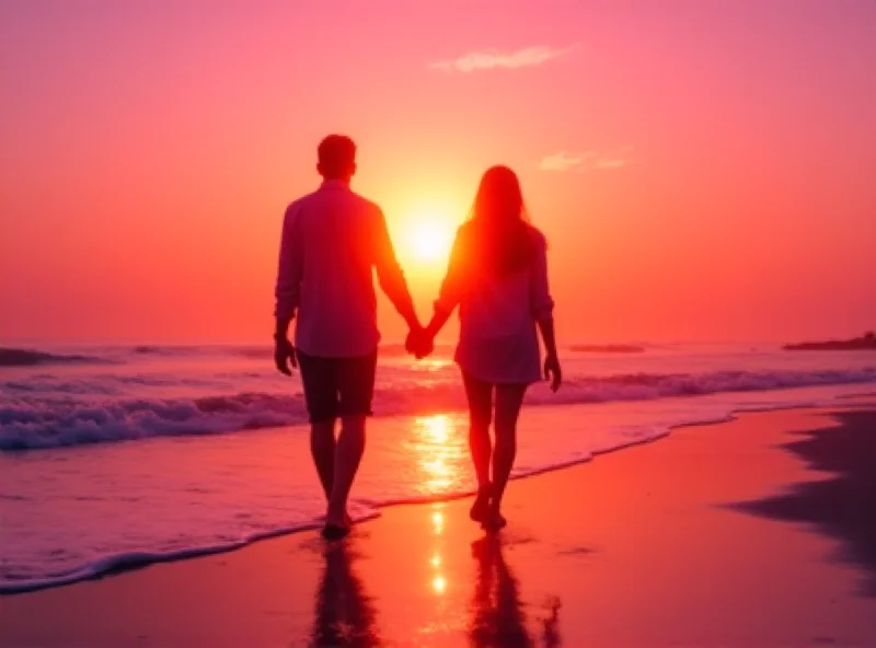 A couple holding hands while walking on a beach at sunset.