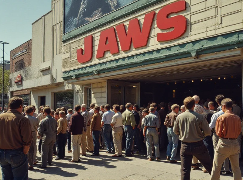 A long line of people waiting outside a movie theater in 1975, a large poster of Jaws is visible above the entrance.