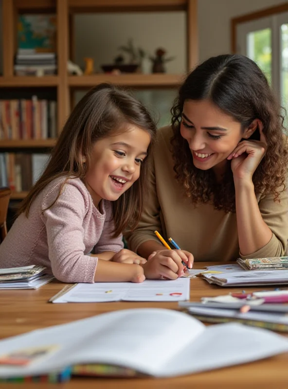 A parent helping their child with homework at a desk, with books and school supplies scattered around. The scene is warm and inviting.