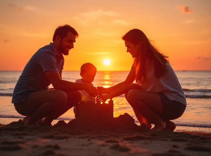 A family laughing and smiling together on a beach at sunset, building a sandcastle.