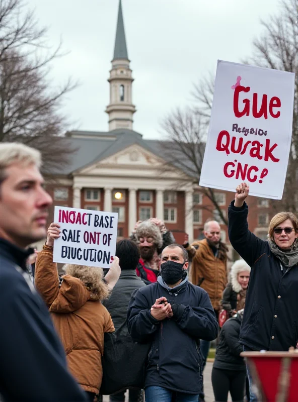 A concerned group of university professors and staff are gathered on a campus, holding signs protesting job cuts and budget reductions, with a backdrop of university buildings.