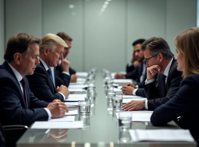 A serious and professional photograph of two groups of politicians from different parties sitting across from each other at a long table in a modern conference room, engaging in formal negotiations.