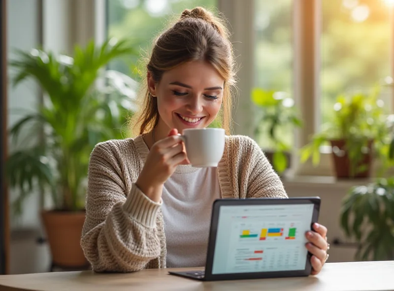 Woman happily using a budgeting app on her tablet while drinking coffee.