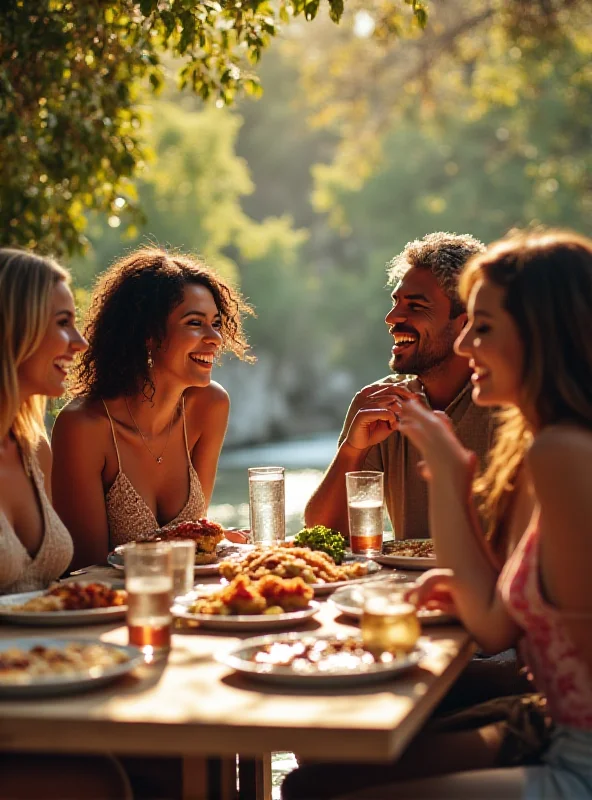 A diverse group of friends laughing and enjoying a meal together.