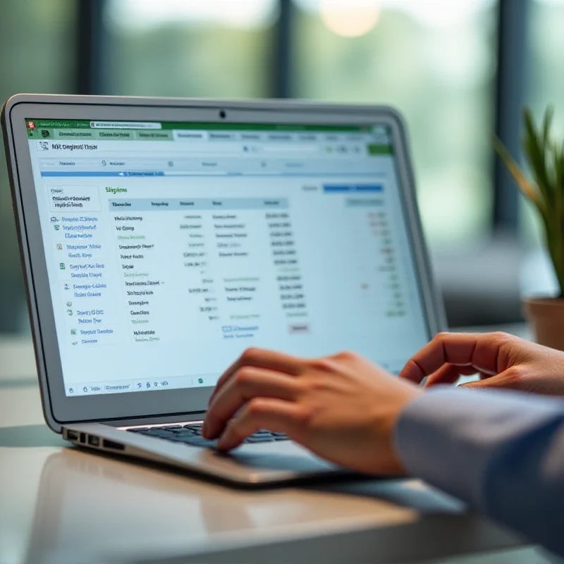 Close-up of hands typing on a laptop with a YNAB budgeting interface displayed on the screen.