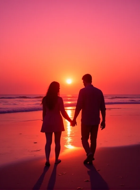 Couple holding hands walking along a beach at sunset