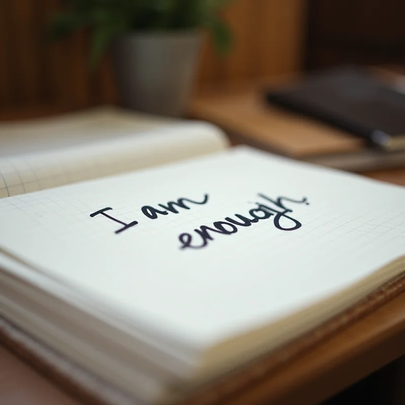 Close-up of a notebook with the words 'I am enough' written on it.