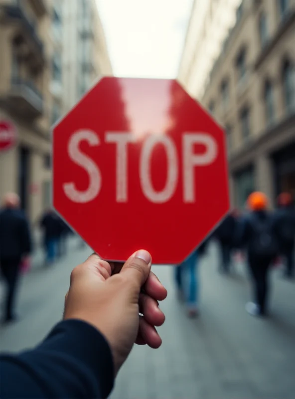 A hand holding up a stop sign against a blurred background of a busy city street.