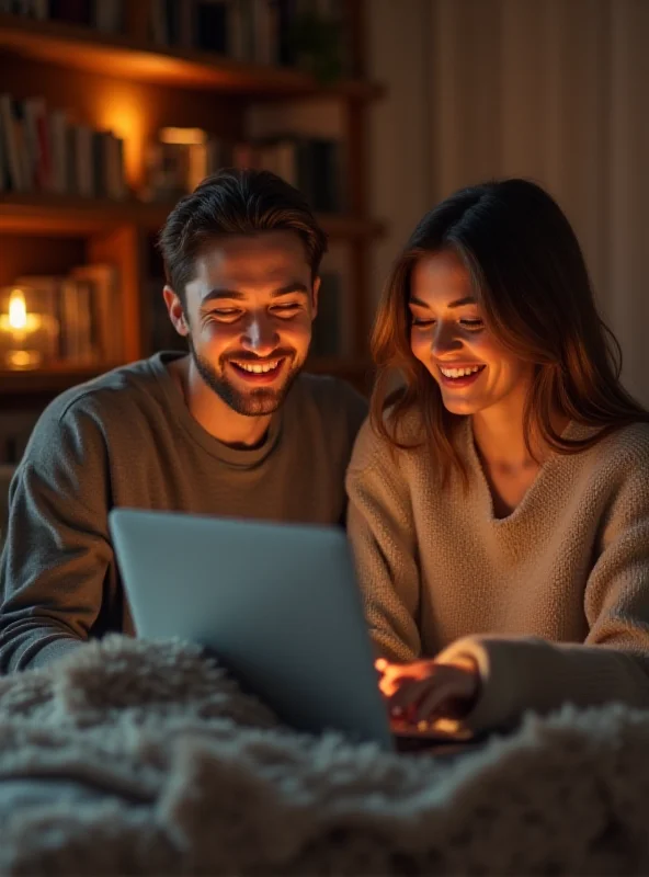 A couple video chatting on their laptops, smiling at each other, with a warm and inviting background.