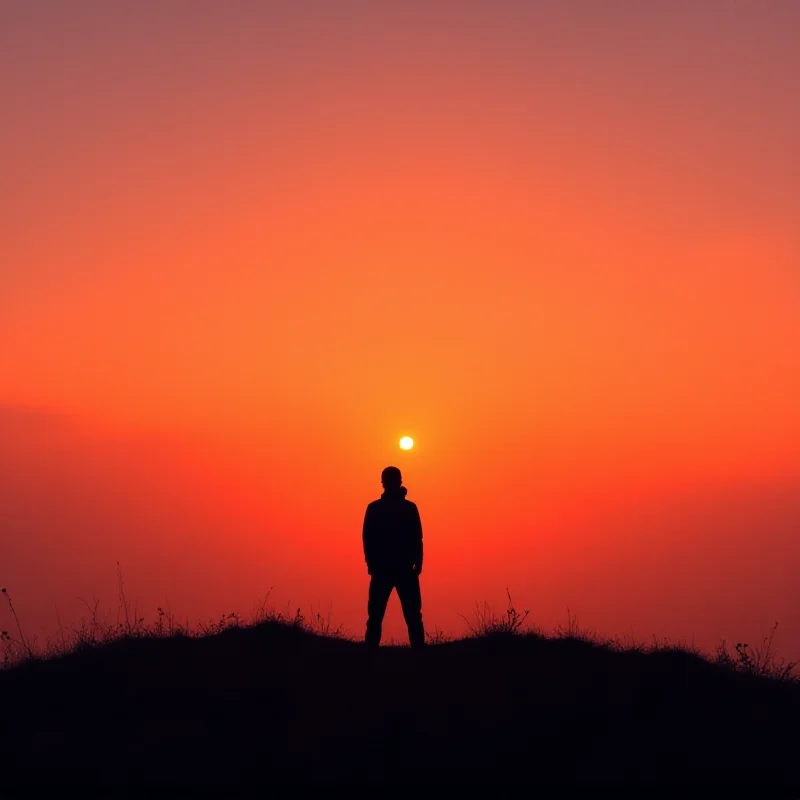 A person silhouetted against a sunset, putting their phone away in their pocket, with a serene and peaceful expression.