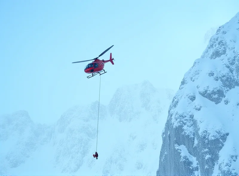 Helicopter rescuing a climber in the Pyrenees mountains.