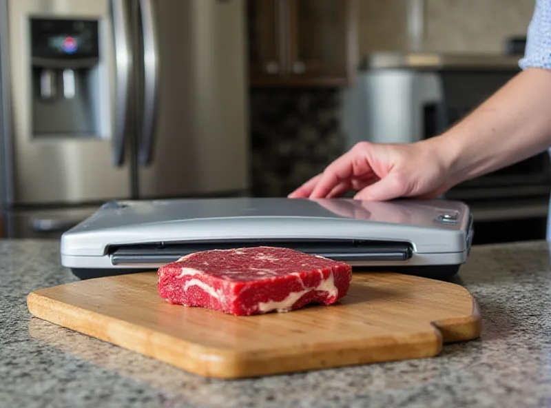 A person vacuum sealing a piece of meat with a countertop vacuum sealer.