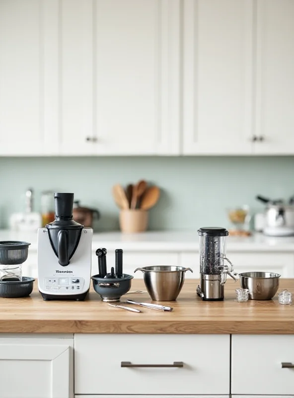 A variety of Thermomix accessories, including steaming baskets, chopping attachments, and mixing bowls, arranged neatly on a kitchen counter.