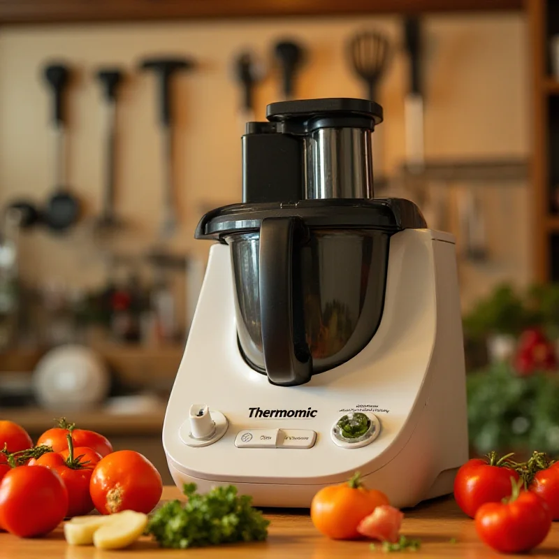 A close-up shot of a Thermomix in operation, with various accessories displayed in the background, showcasing the robot's versatility.