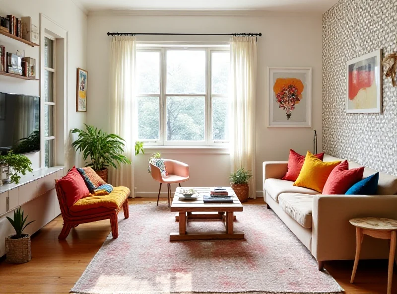 A stylishly decorated rental apartment with removable wallpaper and colorful throw pillows.