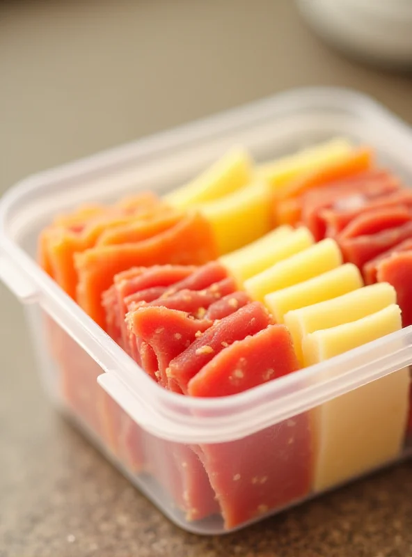 Close-up of a Deli ProKeeper container filled with sliced deli meats and cheeses.