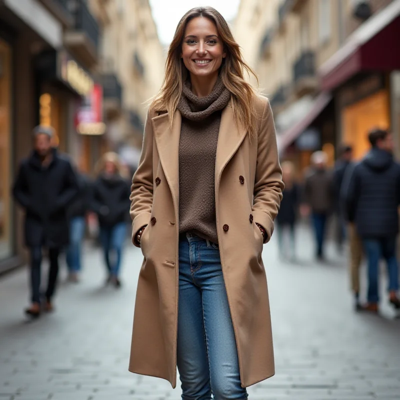 A woman in her 30s wearing a stylish open front overcoat and jeans.