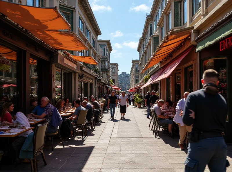 A bustling street scene in San Francisco's Marina district, filled with pedestrians and outdoor dining.