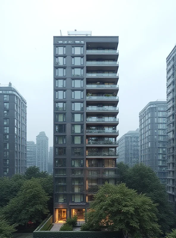 A modern apartment building in a dense urban setting, showcasing balconies and large windows.