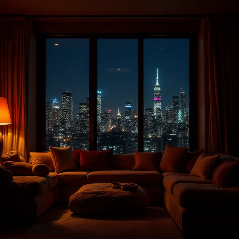 A cozy living room interior with a view of a city skyline at night through a large window.