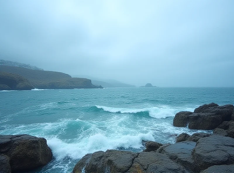 A vast ocean scene with crashing waves and rocky cliffs in the background, symbolizing the challenging search for Arek, a missing teenager in Tenerife. The sky is overcast, adding to the somber and uncertain atmosphere of the search. The image aims to evoke empathy and highlight the difficult conditions faced by search teams.