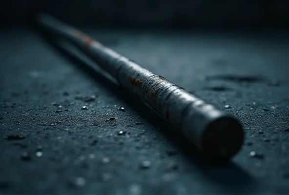 A close-up of a bent and slightly rusted metal pole lying on a dark, textured surface, dramatically lit to emphasize its potential as a weapon. The background is blurred to keep the focus on the pole. This image aims to create a sense of unease and highlight the violence involved in the assault case.