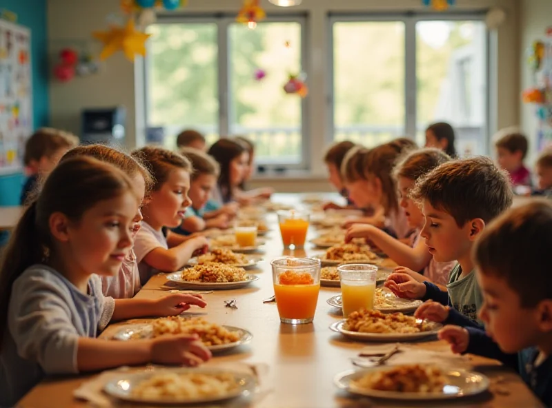 A brightly lit school cafeteria scene, filled with children happily eating breakfast. The atmosphere is cheerful and positive, with colorful decorations and friendly staff. The image aims to convey the success of the Ostrava school's free breakfast program and its positive impact on the students' well-being and attendance.