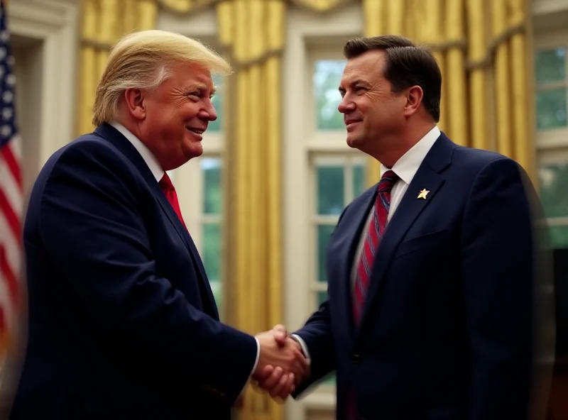 Donald Trump and Volodymyr Zelensky shaking hands in the Oval Office