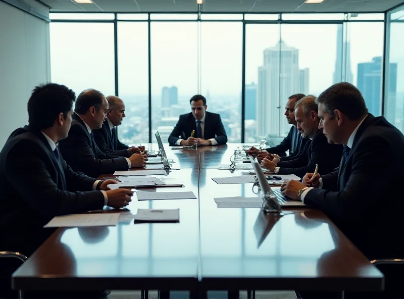 A group of diplomats sitting around a table in a modern conference room, discussing international relations.