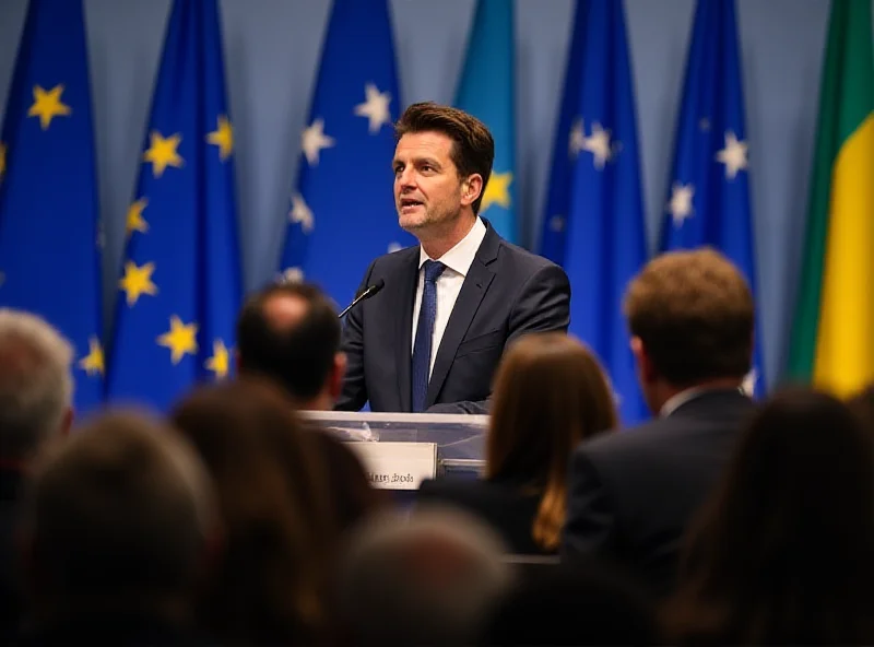 Volodymyr Zelensky addressing a crowd at a summit in Brussels, with EU flags in the background.