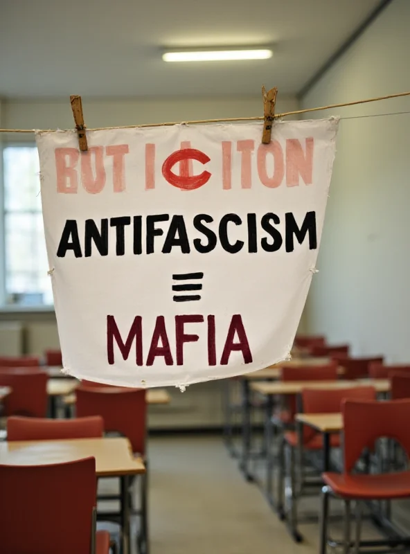 Image of a banner with the text 'Antifascism = Mafia' hanging in a school