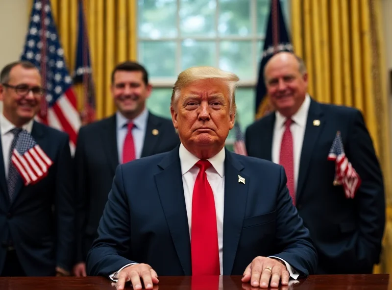 Donald Trump posing with released Israeli hostages in the Oval Office