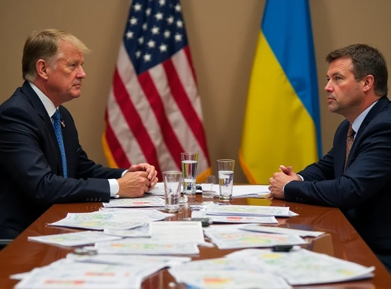 Negotiations between US and Ukrainian officials over a table with maps and documents.